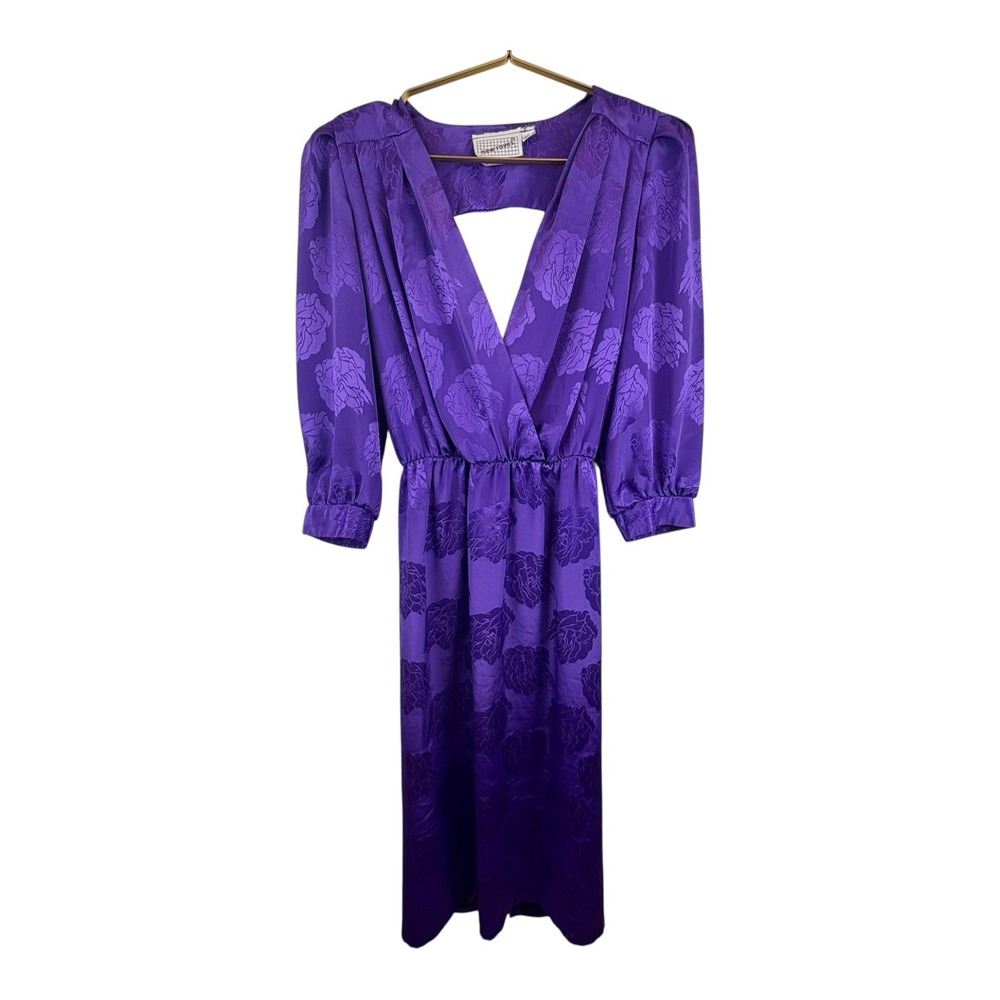 Vintage Purple 80's Satin Long Sleece Dress Wrap Size 5 /‎ M Made in USA